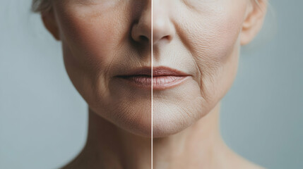 Close-up before and after comparison of mature woman's neck and lower face showing skin tightening and anti-aging results  -