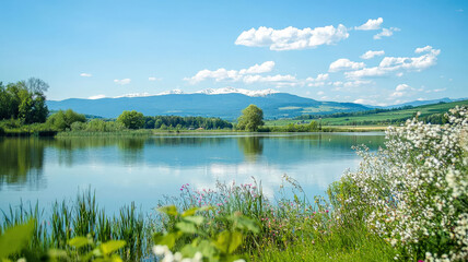 A serene mountain lake surrounded by lush green meadows and wildflowers, with a clear blue sky and distant snow-capped peaks reflecting on the water, creating a tranquil natural scene.