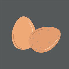 Pair of two raw chicken eggs in brown eggshell on grey background. Hand drawn vector illustration in flat style. Farm element, breakfast design, boiled eggs