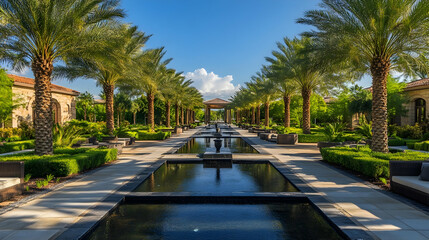 Obraz premium Dubai Oasis Park with palm gardens and reflecting pools, luxurious desert escape