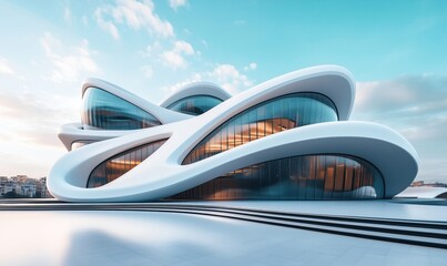 Obraz premium Futuristic architectural design featuring fluid shapes and curves, large glass windows, and modern aesthetic