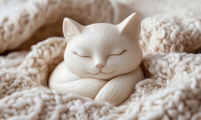 Sleeping cat figurine nestled in cozy blanket, serene expression, soft textures, warm colors