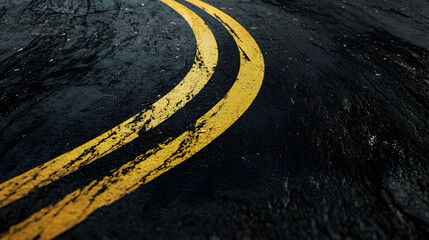Curved asphalt road with double yellow lines on background, cut out, isolated highway turn to the left, clipping path  -