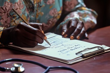 Hands of a female doctor with dark brown skin writing a prescription on a clipboard, with a stethoscope on the table, captured in soft afternoon light, medium close-up 1