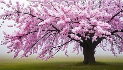 Beautiful Pink Cherry Blossom Tree in Misty Field