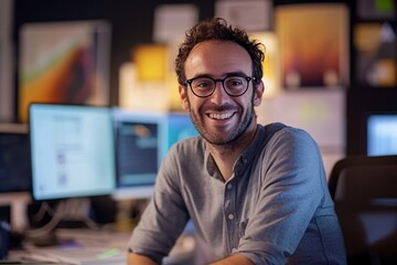 Obraz premium Confident man in a startup office, smiling while discussing a new project with colleagues, surrounded by tech-related posters and a vibrant, innovative atmosphere 6