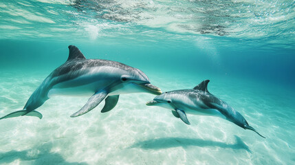 Obraz premium Mother dolphin swimming gracefully alongside her playful calf in the shallow, turquoise waters, embodying the beauty of marine life