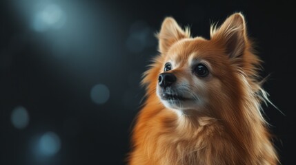 Obraz premium A charming portrait of a Pomeranian dog illuminated by soft bokeh lights, showcasing its fluffy coat and attentive expression in a serene setting. AI generated.