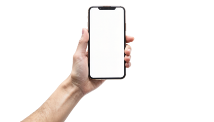 Hand showing smartphone with blank screen isolated on white background.