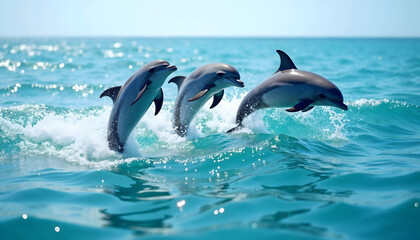 Fototapeta premium Group of dolphins jumping out of a clear, sparkling clean ocean on a bright sunny day, creating a joyful scene