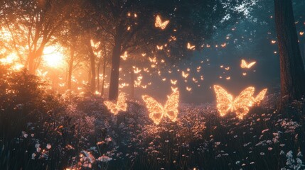 Enchanted forest with glowing trees and sparkling butterflies.