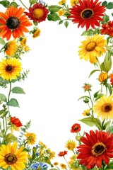 Obraz premium A watercolor art piece featuring a frame of sunflowers and daisies, exhibiting a lively burst of color and vibrancy, bringing floral elegance to life.