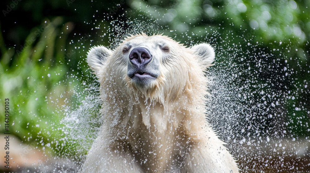 Sticker polar bear shaking off water droplets after a refreshing swim, creating a dynamic splash effect