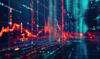 Fototapeta premium Digital data visualization, abstract representation of financial market trends, glowing lines, vibrant colors, futuristic technology
