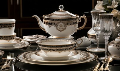 Elegant gold-trimmed porcelain tea set, glassware, cutlery.