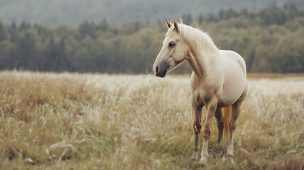 Full-length portrait of a light-colored horse standing in a field, looking right, centered, minimalist composition