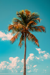 A majestic palm tree standing tall against an azure sky with fluffy clouds, basking in the sunlight. The horizon meets the body of water in the distance