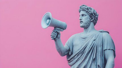 Greek statue holding loudspeaker on pink background, advertising or communication concept with copy space  -