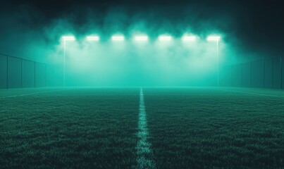 Fototapeta premium Mysterious illuminated football field at night, foggy atmosphere, bright floodlights, lush green grass, empty pitch