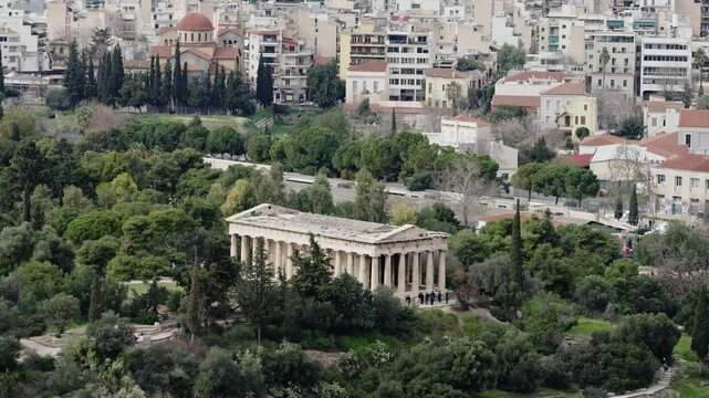 Panoramic aerial view of ancient Agora Temple of Hephaestus in Athens, Greece
