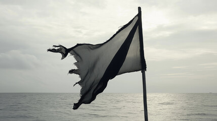 Waving in the wind, a black tattered pirate flag flutters above a calm ocean, set against a dramatic sky filled with clouds