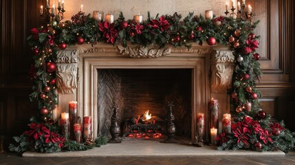 Festively decorated fireplace mantle adorned with holiday garlands and candles