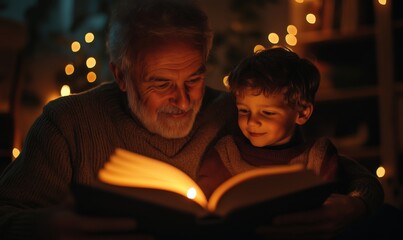 Grandfather reading book to grandson, warm cozy atmosphere, soft lighting, holiday decorations, joyful bonding moment