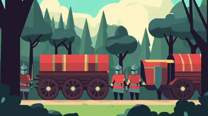 Obraz premium Flat Style Illustration of Knights Guarding Medieval Caravans Through Forest Trails