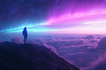 Obraz premium A lone traveler standing on a mountain top, overlooking a vast ocean of clouds under a surreal, dreamlike sky with purple and blue light rays stretching across the horizon 10