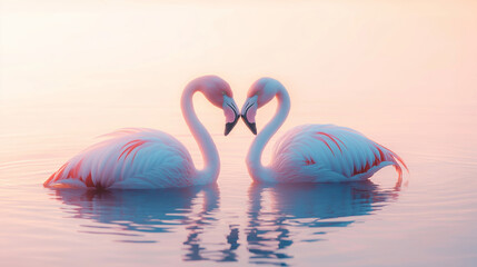Fototapeta premium Flamingos curving graceful necks into heart silhouette against warm sunset sky, symbolizing love connection