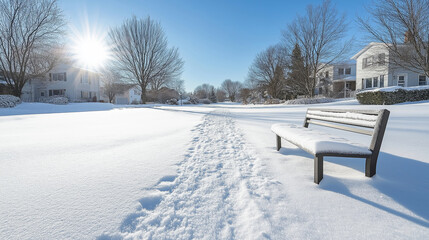 Snow-covered wooden bench surrounded by residential neighborhood, footprints marking snowy ground, sunlit winter landscape with houses