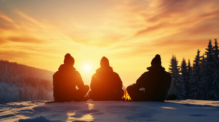 Hunters warming beside campfire, mountain sunset casting golden light over snow-covered wilderness landscape