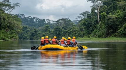 Group of people rafting down a calm river surrounded by lush green rainforest.