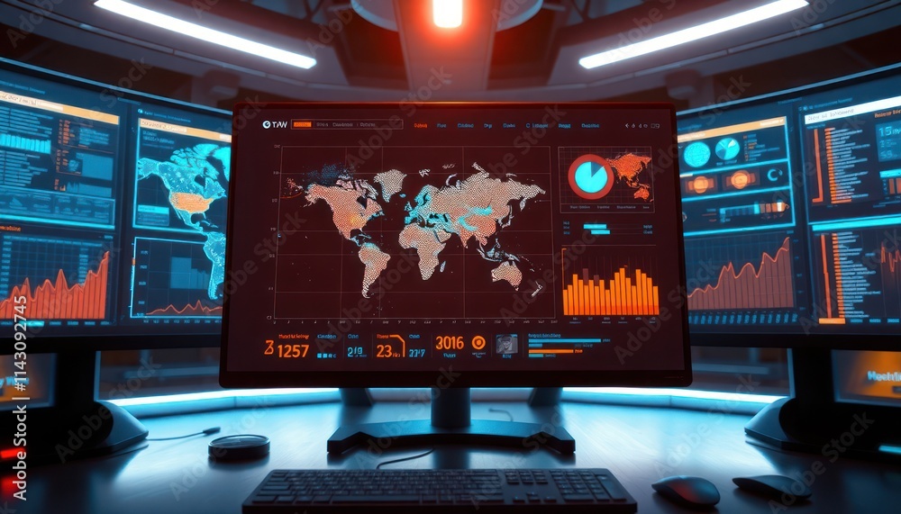 Poster global logistic dashboard displays dynamic world map with data points. interactive tech interface sh