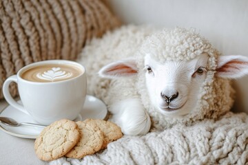 Naklejka premium A fluffy lamb with soft white wool, lying comfortably on a beige cushion, next to a cafe latte and cookies, bright white background, warm soft lighting, close-up shot 6