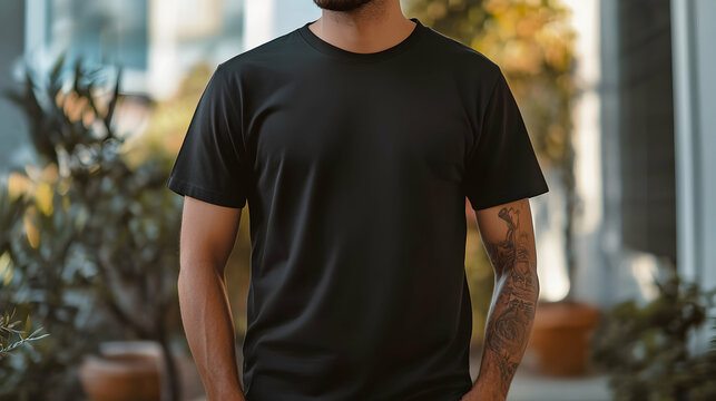 man wearing a casual black t-shirt mockup standing outdoors daylight urban fashion concept  -