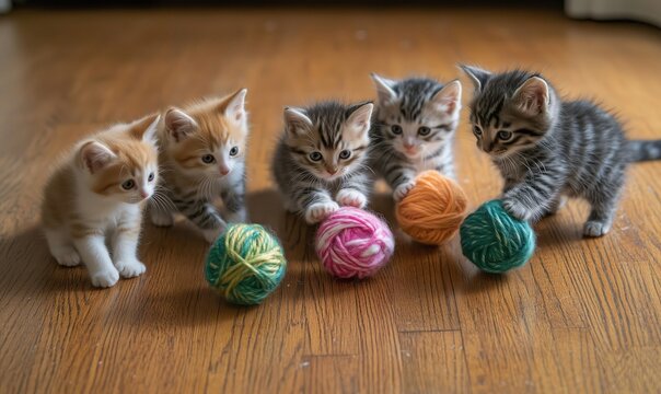 Kittens playing with yarn balls, five adorable kittens, orange, gray, and tabby fur, engaging with colorful yarn, wooden floor background