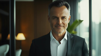 Mature 50-year-old confident professional manager, confident businessman investor looking at camera, smiling mid-aged older businessman executive standing in office, portrait  -