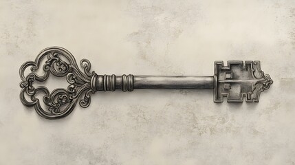 A realistic pencil drawing of a vintage key with ornate patterns on its handle.