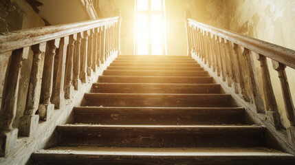 Fototapeta premium Weathered wooden staircase bathed in sunlight, revealing missing balusters, ascending toward bright window inside derelict mansion