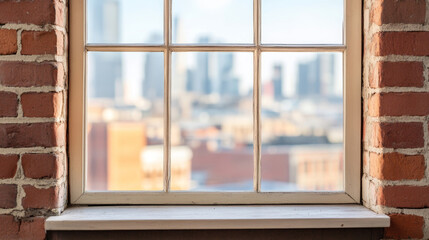 Fototapeta premium Cityscape glimpsed through weathered red brick window, capturing urban landscape with soft-focus architectural layers