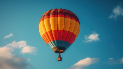 Obraz premium Colorful hot air balloon soaring in a vibrant blue sky with fluffy white clouds.