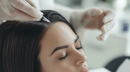 Fototapeta premium Medical professional administering mesotherapy treatment targeting scalp of female patient with dark lengthy locks