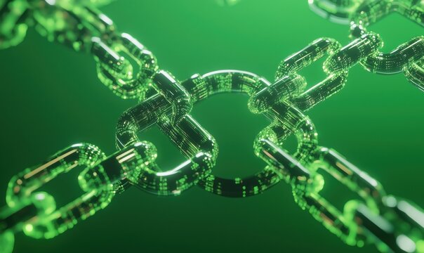 Digital chain links, glowing green, futuristic design, interconnected, technology concept, blockchain representation, 3D rendering