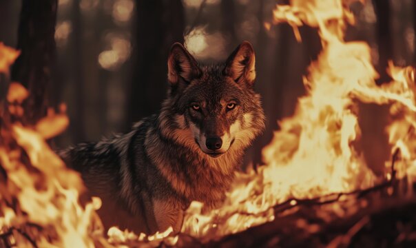 Wolf amidst flames, fierce gaze, forest fire background, intense atmosphere, survival instinct, wild nature, dramatic lighting