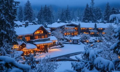 Snow-covered lodge in winter landscape, warm lights glowing, surrounded by tall evergreen trees, serene atmosphere