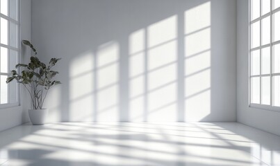 Plant branches with leaves are casting artistic shadows on a clean white wall, creating a minimalist and elegant composition