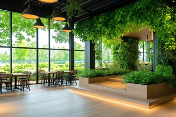 Eco-Friendly Office Interior with Modern Green Wall. Bright Space Featuring Wooden Floors, Large Windows, and Indoor Plants. Stylish Furniture and Sustainable Design. Natural Light. AI generated