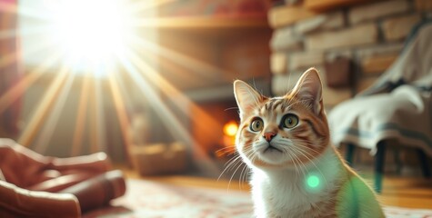 Soft rays of sunlight stream through the cozy living room, illuminating a curious cat as it playfully stretches and investigates its surroundings with wide eyes