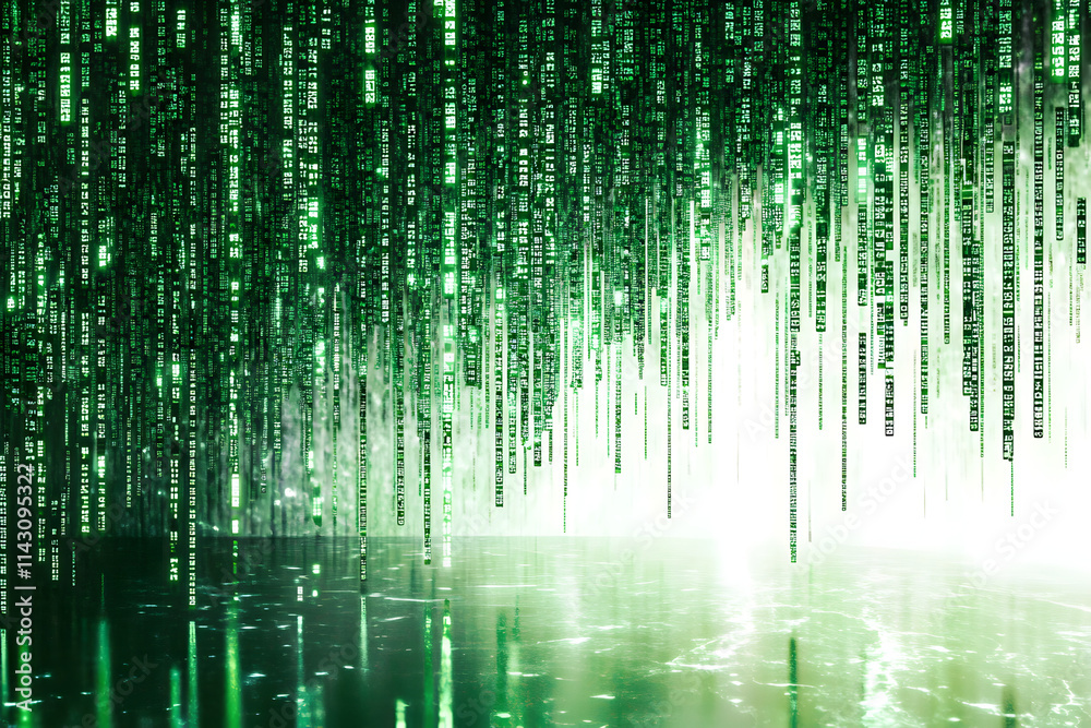 Wall mural abstract green digital rain with matrix code in futuristic cyber background. perfect for technology 
